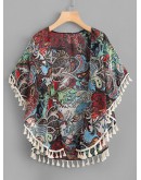 All Over Printed Tassel Hem Chiffon Kimono