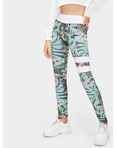 Floral Print Striped Skinny Leggings