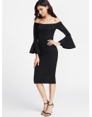 Fluted Sleeve Slit Back Bardot Pencil Dress