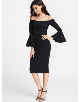 Fluted Sleeve Slit Back Bardot Pencil Dress