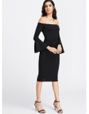 Fluted Sleeve Slit Back Bardot Pencil Dress