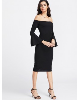 Fluted Sleeve Slit Back Bardot Pencil Dress