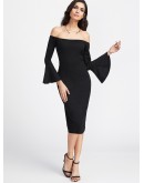 Fluted Sleeve Slit Back Bardot Pencil Dress