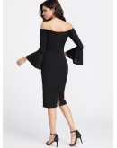 Fluted Sleeve Slit Back Bardot Pencil Dress