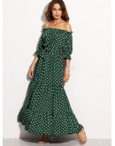 Polka Dot Bardot Neckline Tie Waist Dress