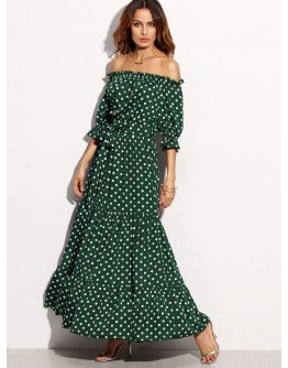 Polka Dot Bardot Neckline Tie Waist Dress