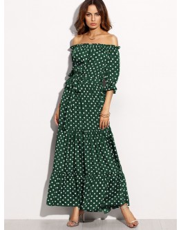 Polka Dot Bardot Neckline Tie Waist Dress