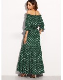 Polka Dot Bardot Neckline Tie Waist Dress