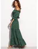 Polka Dot Bardot Neckline Tie Waist Dress