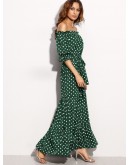 Polka Dot Bardot Neckline Tie Waist Dress