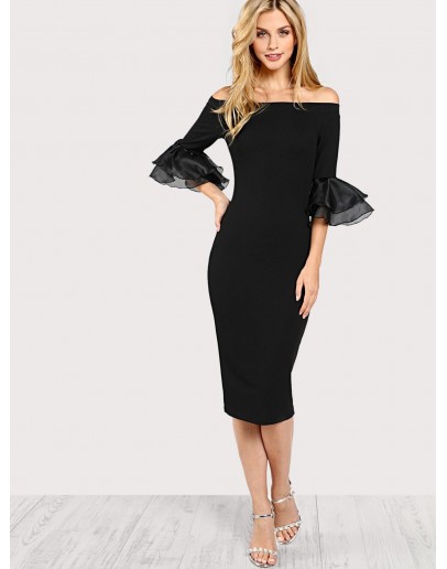 Slit Ruffle Sleeve Bardot Dress