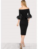 Slit Ruffle Sleeve Bardot Dress