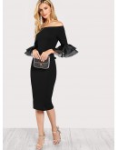 Slit Ruffle Sleeve Bardot Dress