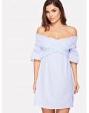 Cross Wrap Shirred Off Shoulder Dress