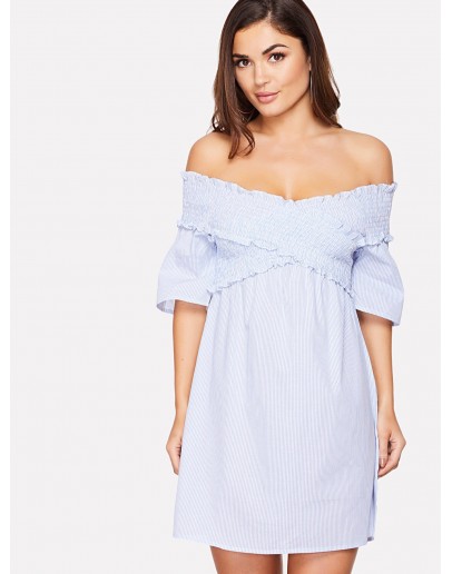 Cross Wrap Shirred Off Shoulder Dress