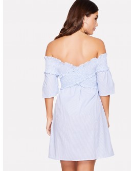 Cross Wrap Shirred Off Shoulder Dress