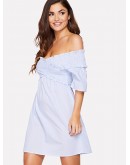 Cross Wrap Shirred Off Shoulder Dress