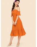 Neon Orange Ruched Front Flounce Hem Bardot Dress