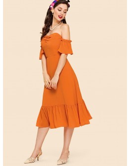 Neon Orange Ruched Front Flounce Hem Bardot Dress