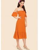 Neon Orange Ruched Front Flounce Hem Bardot Dress