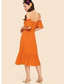 Neon Orange Ruched Front Flounce Hem Bardot Dress