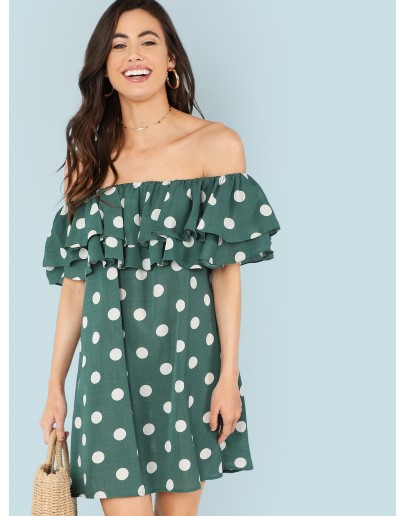 Layered Flounce Foldover Polka Dot Bardot Dress