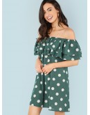 Layered Flounce Foldover Polka Dot Bardot Dress