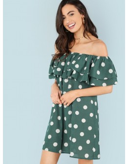 Layered Flounce Foldover Polka Dot Bardot Dress