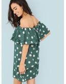 Layered Flounce Foldover Polka Dot Bardot Dress