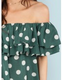 Layered Flounce Foldover Polka Dot Bardot Dress