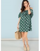 Layered Flounce Foldover Polka Dot Bardot Dress