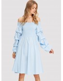 Shirred Bodice Gathered Sleeve Bardot Dress