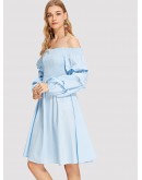 Shirred Bodice Gathered Sleeve Bardot Dress