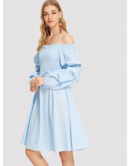 Shirred Bodice Gathered Sleeve Bardot Dress