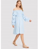 Shirred Bodice Gathered Sleeve Bardot Dress