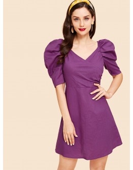 Puff Sleeve Zip Back Wrap Dress