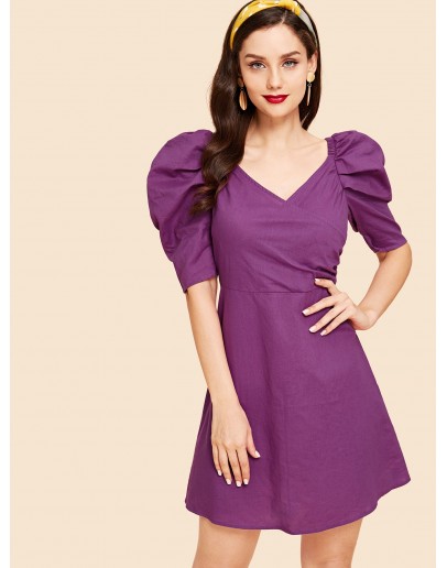 Puff Sleeve Zip Back Wrap Dress