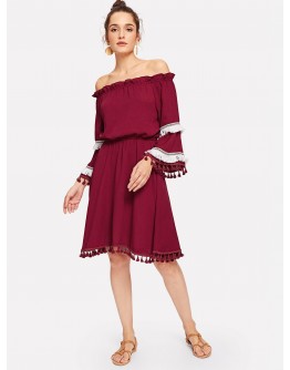 Frill Fringe Off The Shoulder Dress