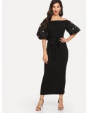 3D Applique Lantern Sleeve Bardot Slit Dress