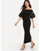 3D Applique Lantern Sleeve Bardot Slit Dress