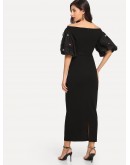 3D Applique Lantern Sleeve Bardot Slit Dress