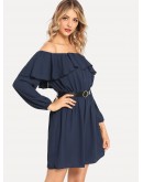 Off Shoulder Ruffle Belted Dress