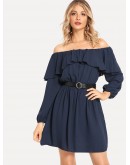 Off Shoulder Ruffle Belted Dress