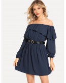 Off Shoulder Ruffle Belted Dress