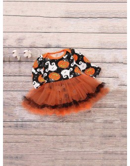 Baby Halloween Print Mesh Overlay Dress