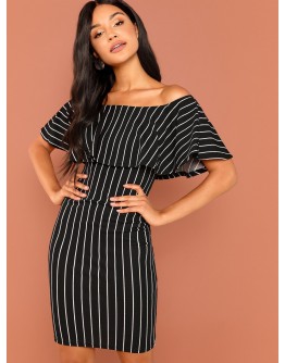 Foldover Front Off Shoulder Striped Dress