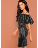 Foldover Front Off Shoulder Striped Dress