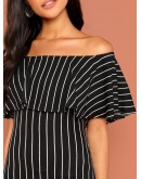 Foldover Front Off Shoulder Striped Dress