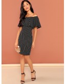 Foldover Front Off Shoulder Striped Dress