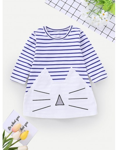 Baby Cartoon Print Striped Dress